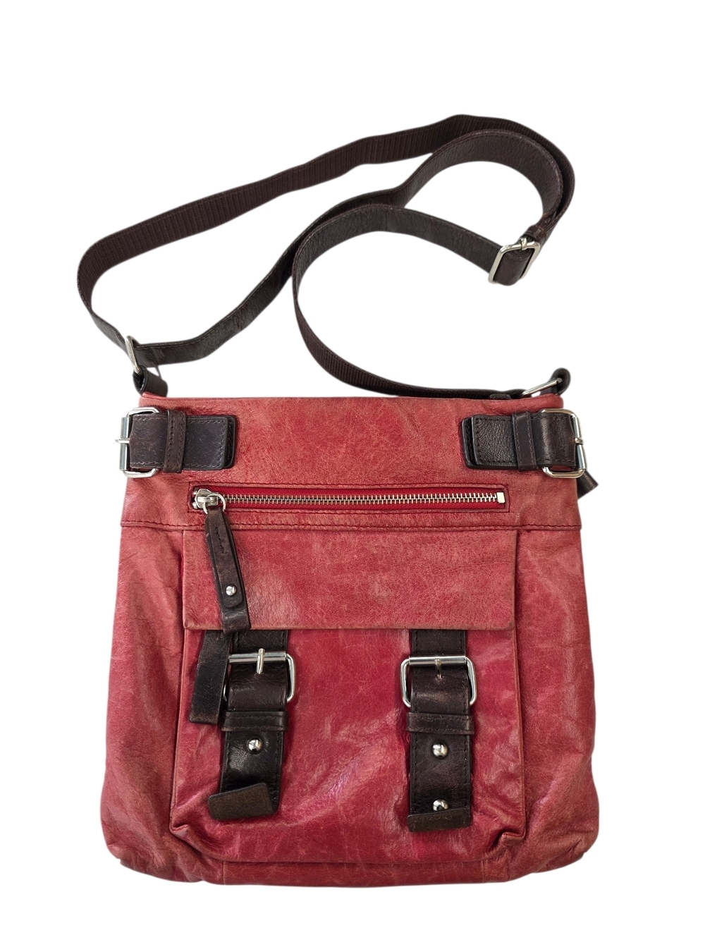 Danier Distressed Leather Red Crossbody Bag with Dark Brown Accents
